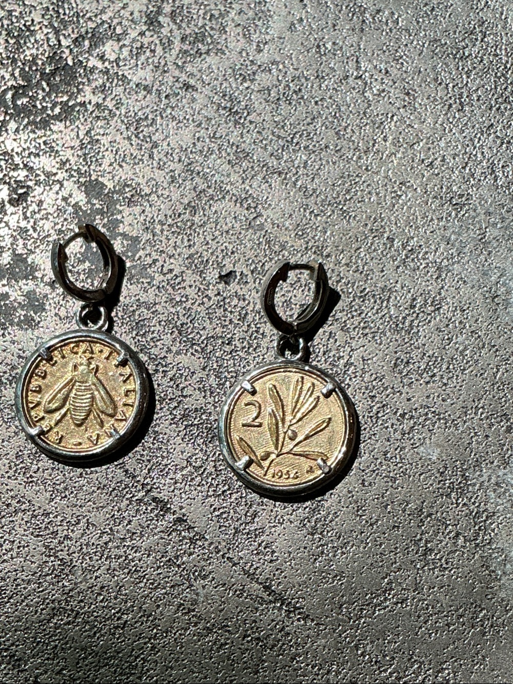 VTG Italian 2 Lira Coin Bee Olive Branch Huggie Earrings -